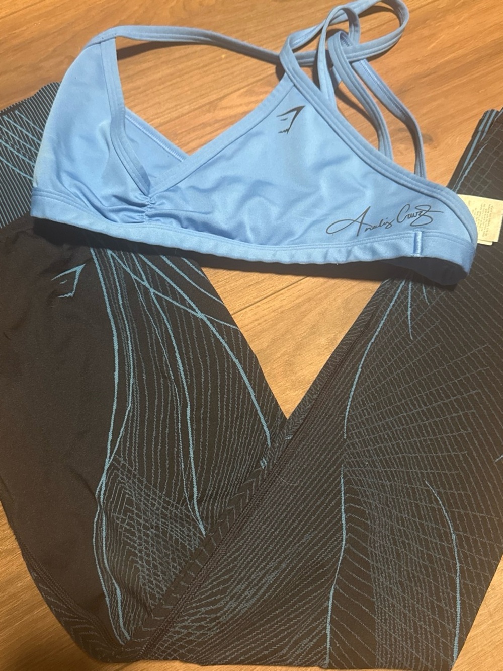 Gymshark Light Blue Sports Bralette with Black Leggings